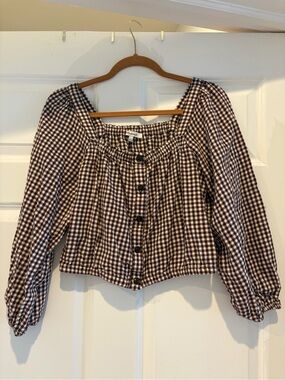Madewell Brown Gingham Square-Neck Button-Front Top